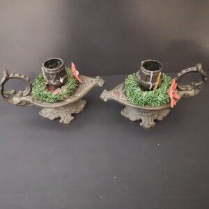 Vintage Unique Brass Taper Candle Holder w/Finger Loop & Mini Wreath - Set of 2